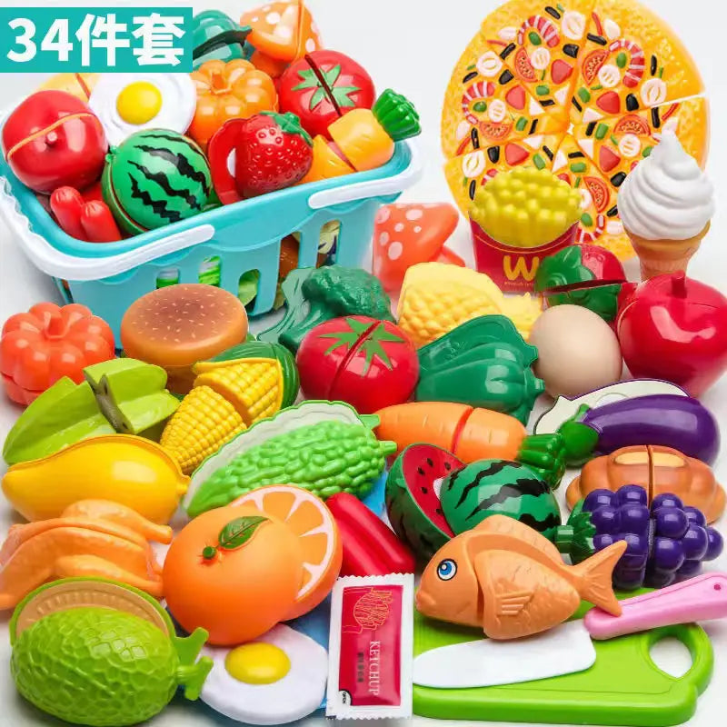 Kids Pretend Play Kitchen Set with Cooking and Cutting Toys