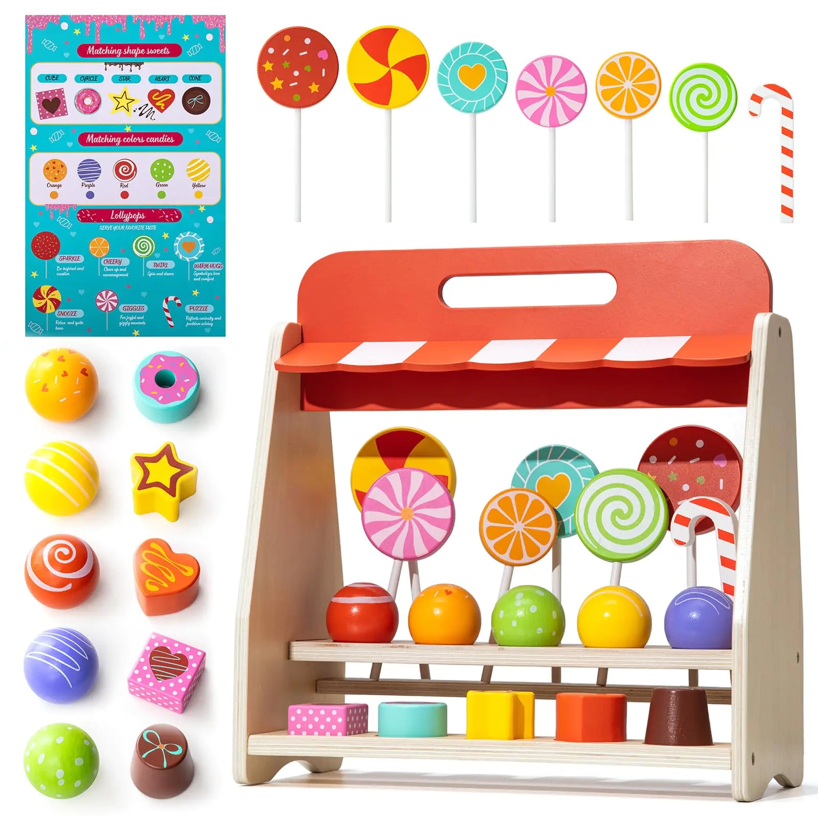 Wooden Lollipop & Candy Display Set – Montessori Color & Shape Recognition Toy