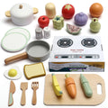 Wooden Cutting Food Set with Magic Cookbook – 18pc Montessori Kitchen Toy with Velcro Fruits & Veggies