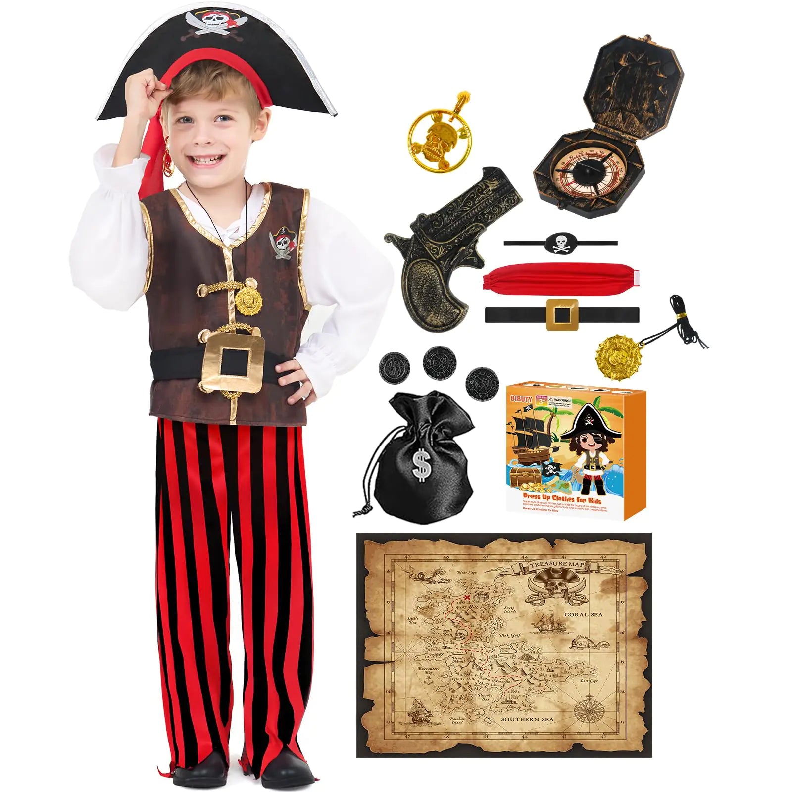 BIBUTY 8pc Kids Pirate Costume Set – Toddler Dress Up with Hat, Sword & Eyepatch