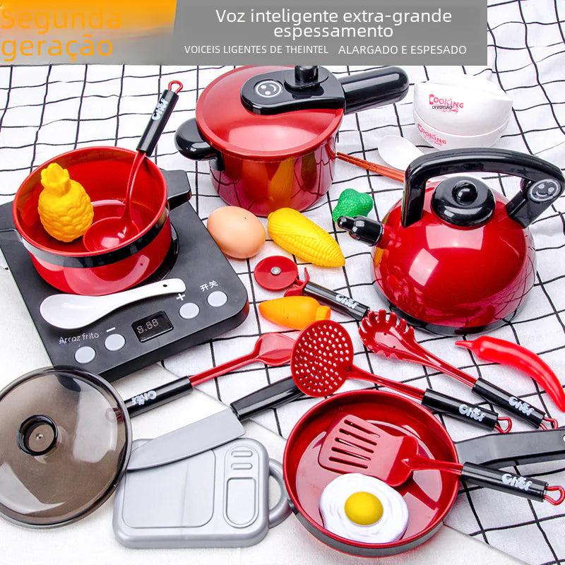 Kids Pretend Play Kitchen Set with Cooking and Cutting Toys