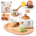 OMYBaby 19pc Montessori Wooden Tea Set – Natural Wood Teapot, Dessert Stand & Macaroons for Toddler Role Play
