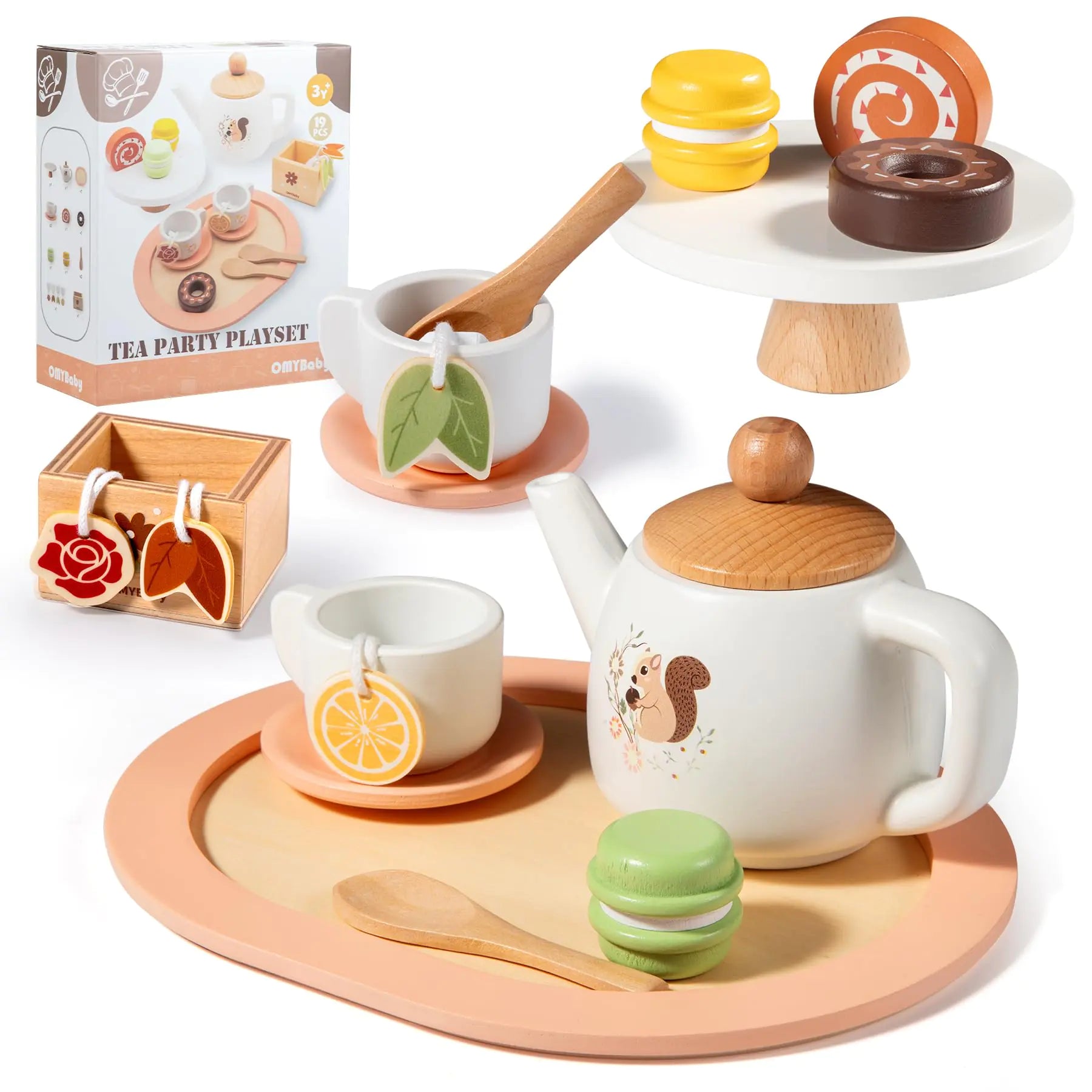 OMYBaby 19pc Montessori Wooden Tea Set – Natural Wood Teapot, Dessert Stand & Macaroons for Toddler Role Play