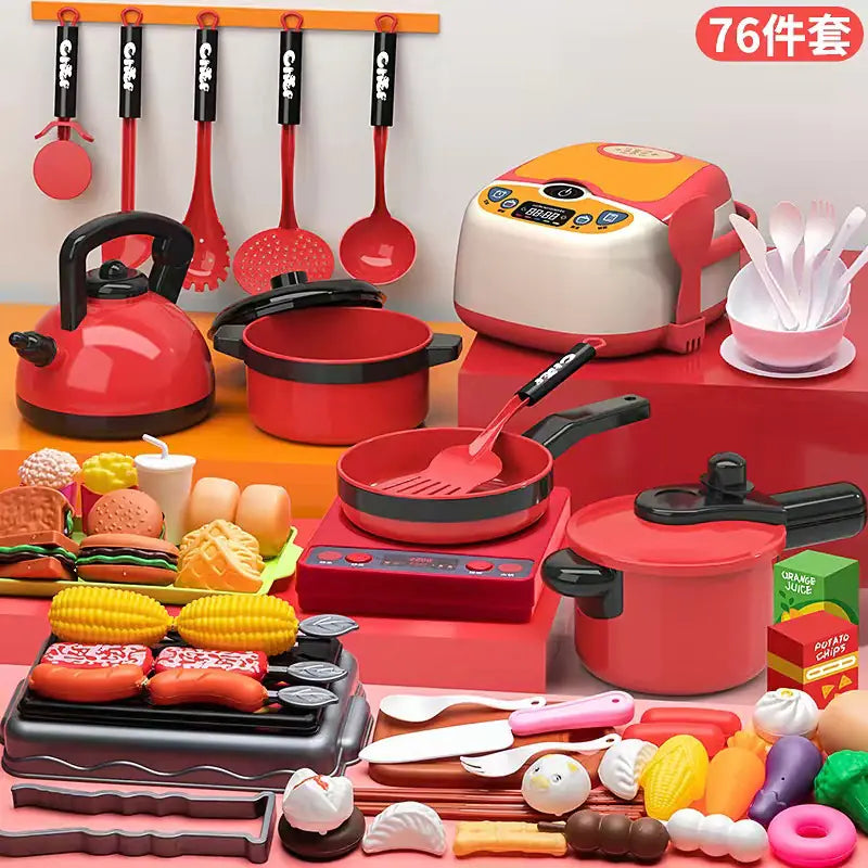 Kids Pretend Play Kitchen Set with Cooking and Cutting Toys