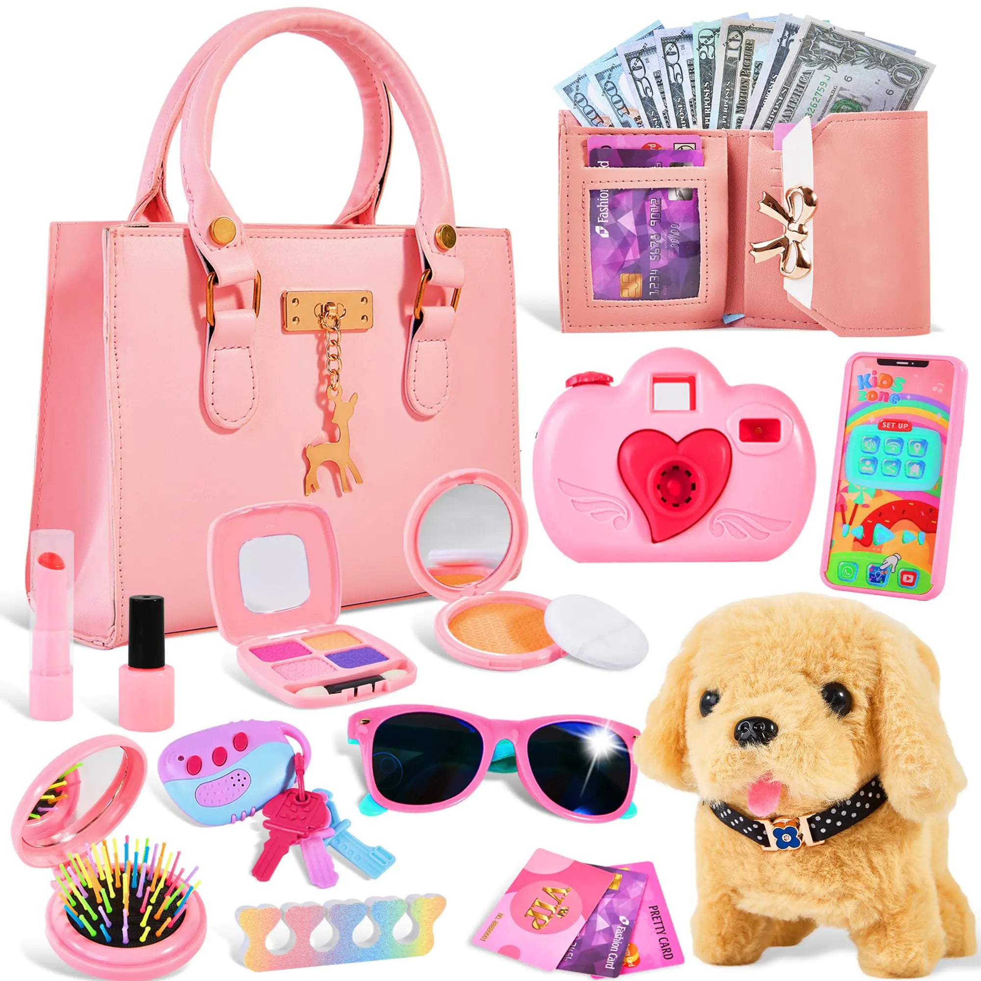 Complete 25pc Toddler Play Purse Set – Realistic Kids Handbag with Pretend Makeup, Smartphone, Camera & Plush Dog