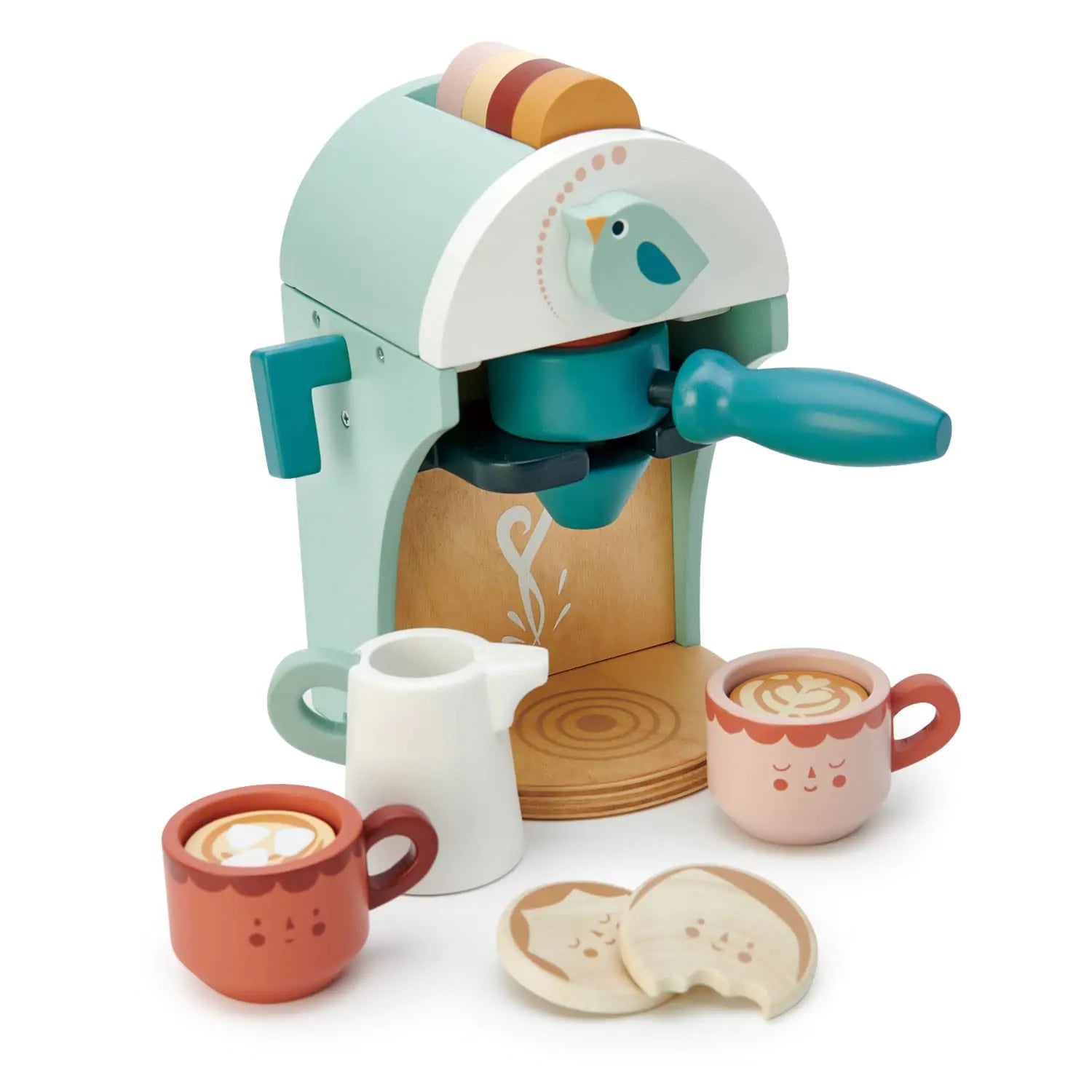 Tender Leaf Toys - Babyccino Maker - Wooden Coffee Machine Pretend Food Play Toy with Espresso Capsules and Cups