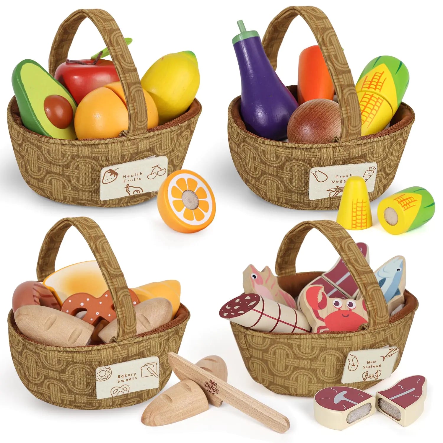 Lehoo Castle Montessori Wooden Play Food – 4 Food Groups Sorting & Cutting Set