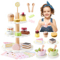 Ehome 31pc Wooden Tea Party Set – Deluxe Princess Tea Time Toy with 3-Tier Dessert Stand, Cakes & Slicing Treats