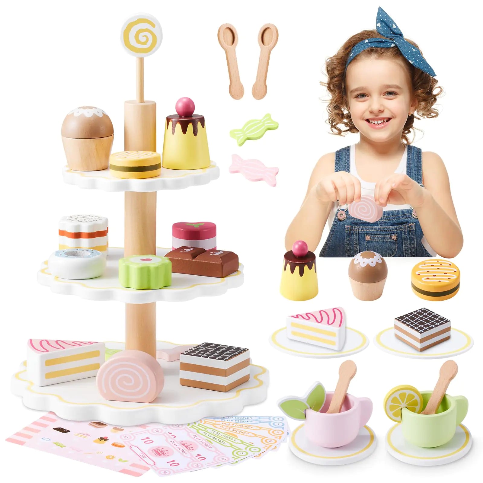 Ehome 31pc Wooden Tea Party Set – Deluxe Princess Tea Time Toy with 3-Tier Dessert Stand, Cakes & Slicing Treats