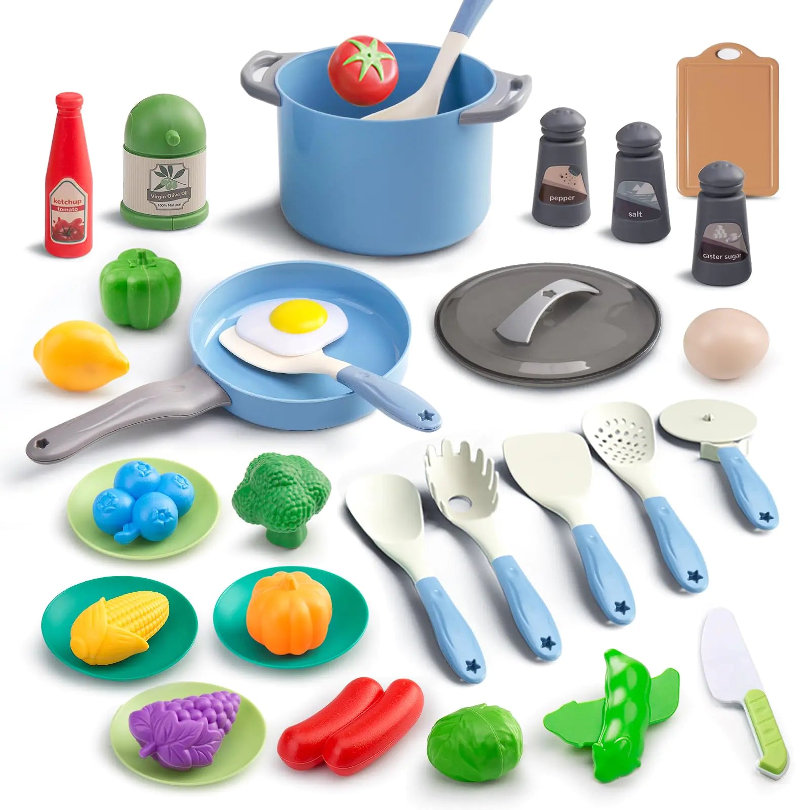 JokerKing 35pc Kids Kitchen Accessory Set – Toddler Play Pots & Pans with Realistic Kettle and Play Food