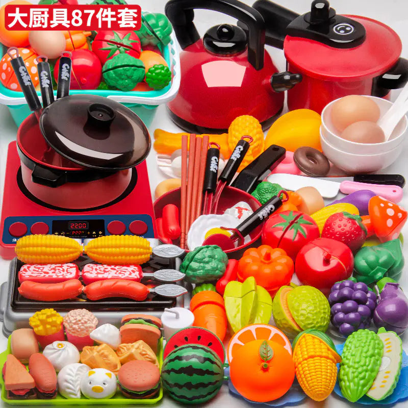 Kids Pretend Play Kitchen Set with Cooking and Cutting Toys