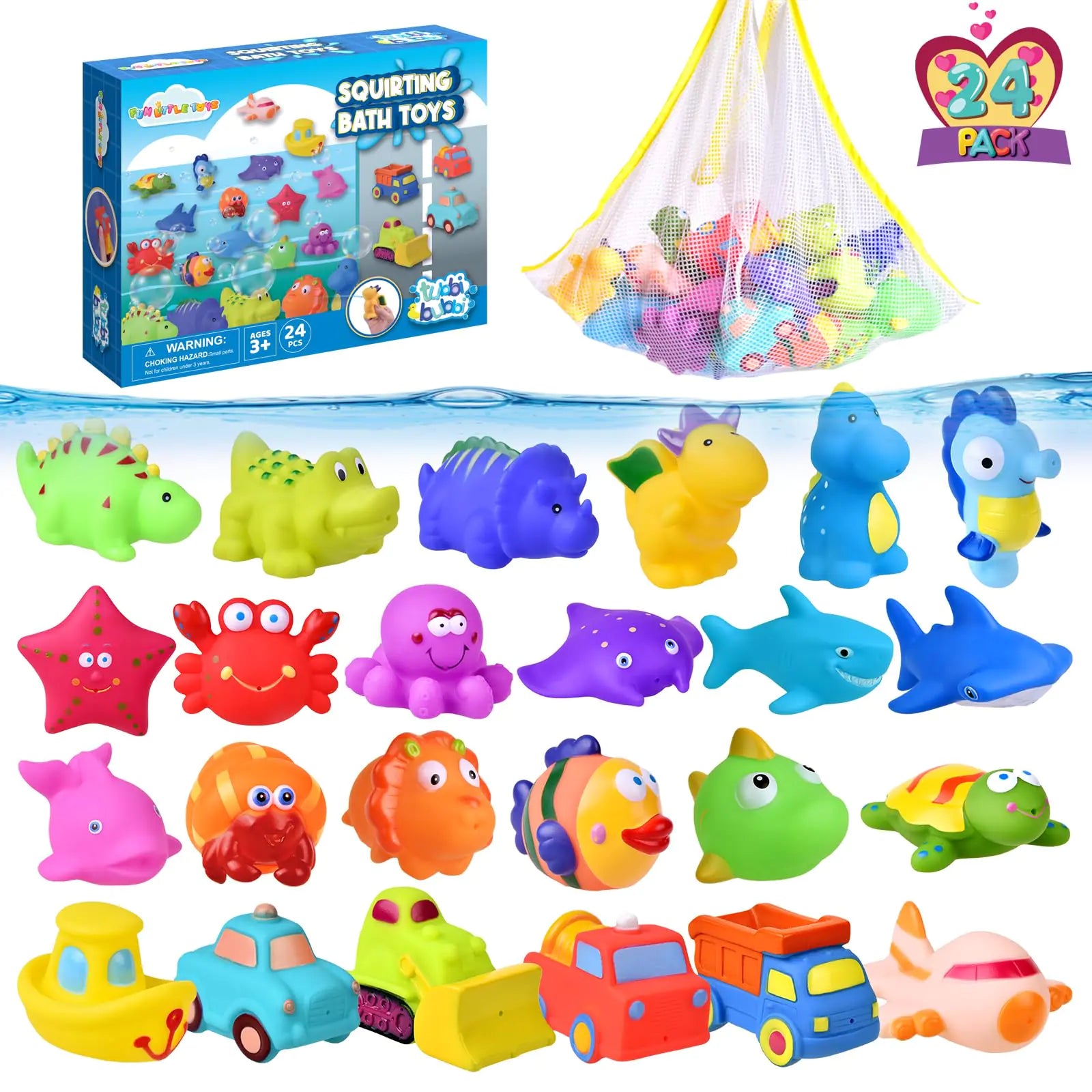 FUN LITTLE TOYS 24pc Bath Toy Set – Mold-Free Squirters with Animals, Cars & Storage Bag