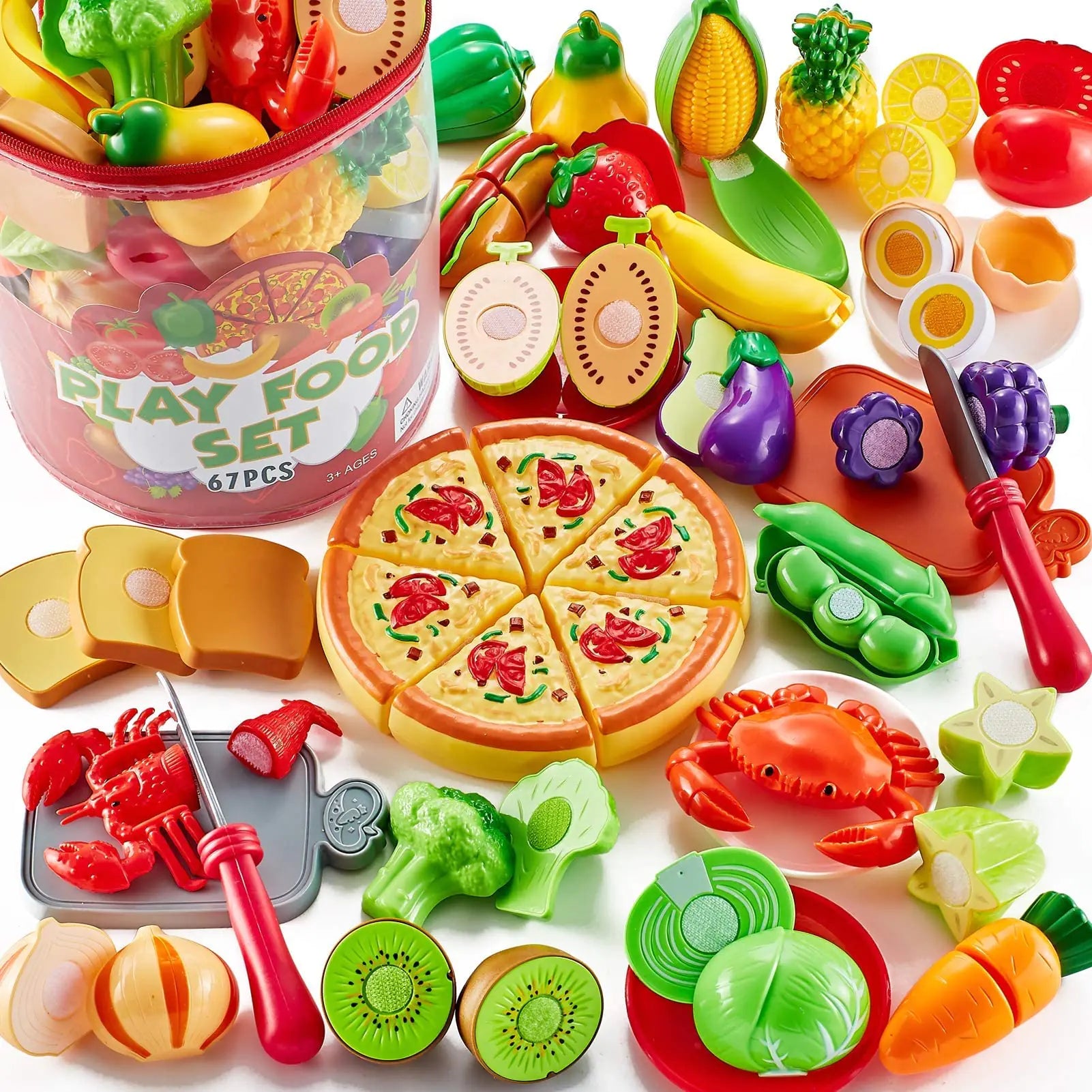 Shimirth 67pc Kids Play Food Set – Cutting Fruits & Vegetables with Velcro Peel & Detachable Pizza Toy
