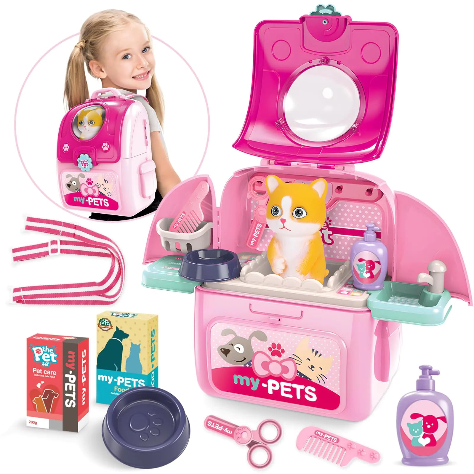 Shemira 16pc Pet Care Playset with Storage Backpack – Toy Cat Grooming Kit for Kids Ages 3-6