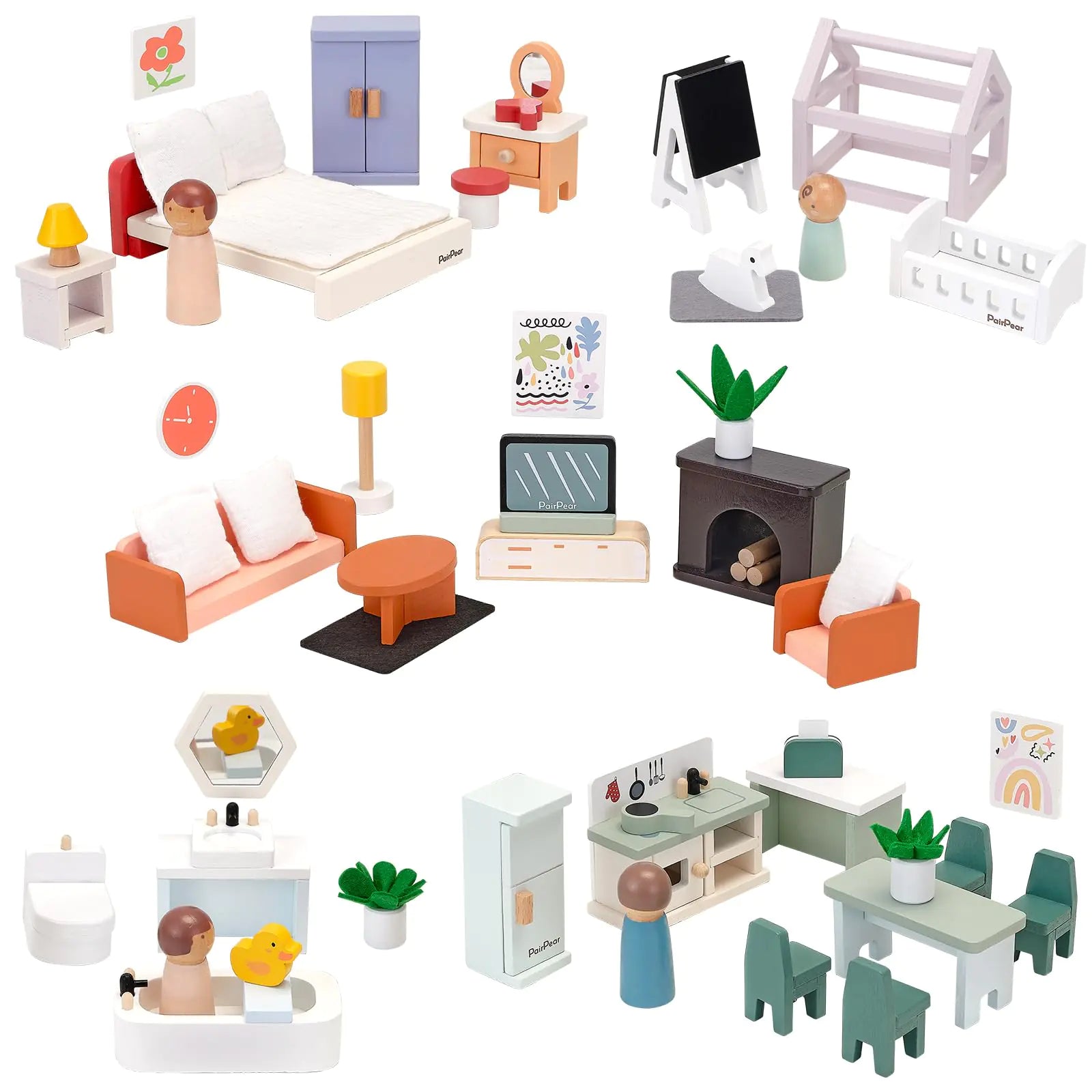 PairPear Wooden Dollhouse Furniture Set56 Pieces Doll Furnitures with 5 Room Kits Play FingersDoll House Miniature Furniture Pretend Play Toys