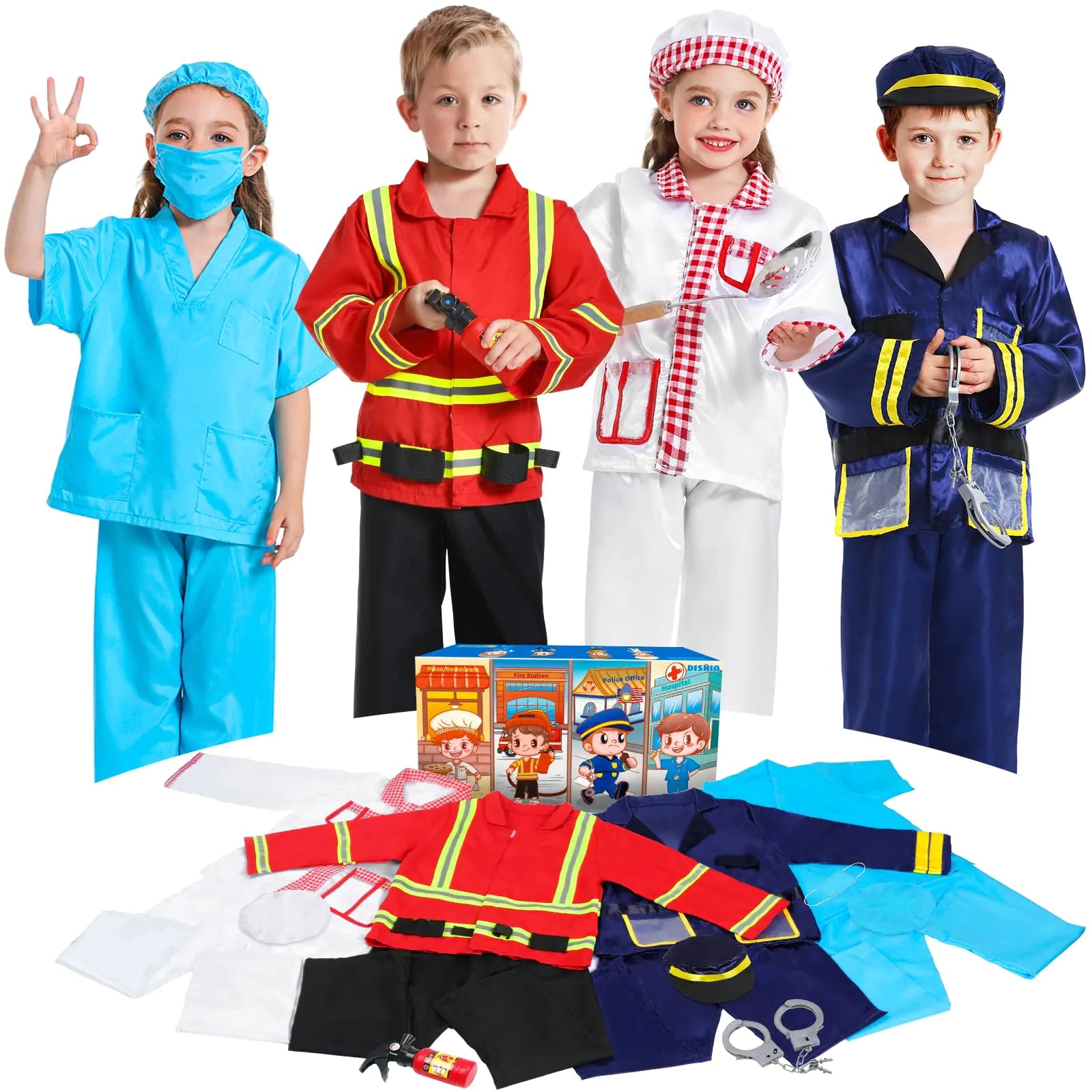 DISHIO 4-in-1 Kids Role Play Trunk – Fireman, Police, Doctor & Chef Costumes for Toddlers & Preschoolers