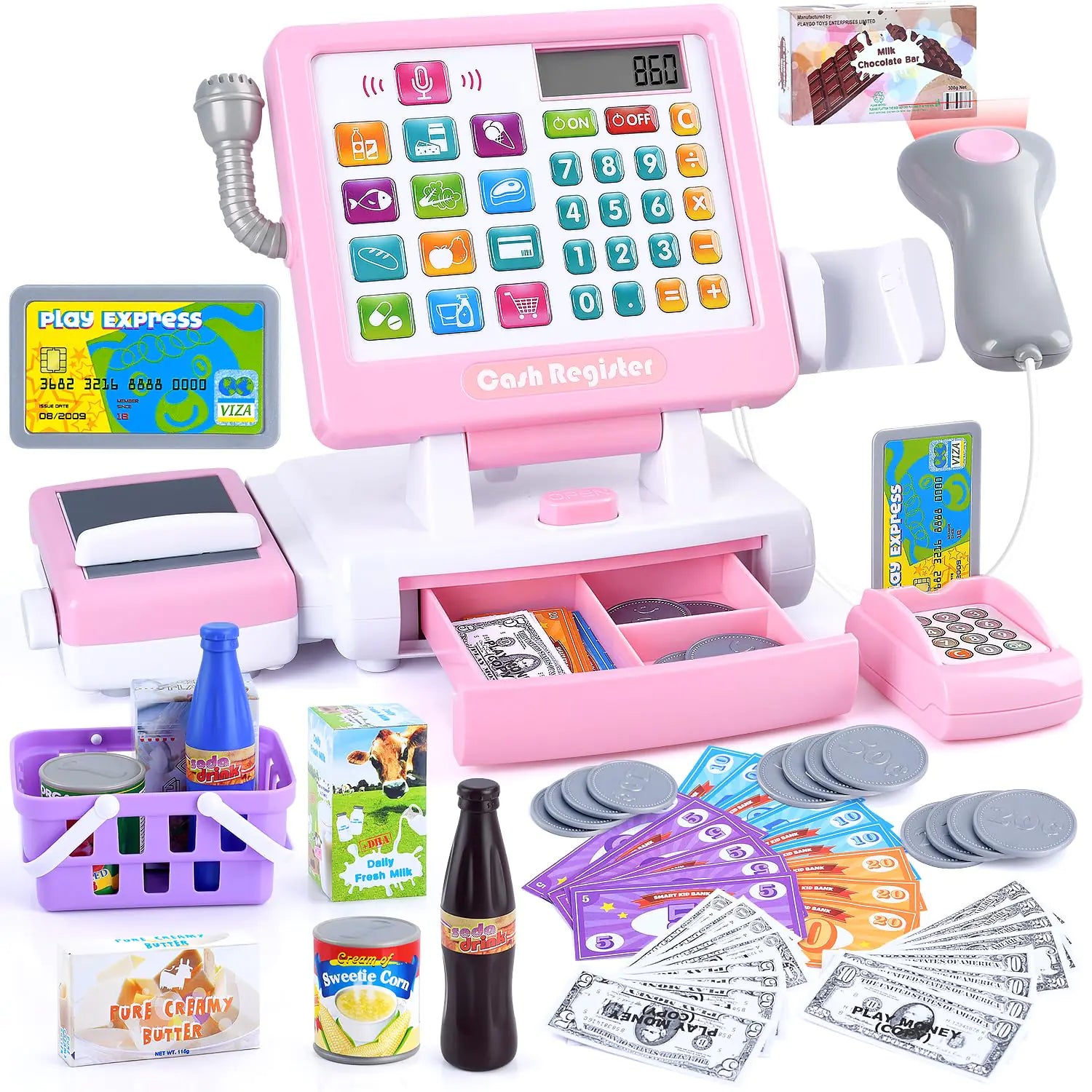 PLAY Kids Electronic Cash Register – 35pc Interactive Toy with Scanner, Microphone & Conveyor Belt