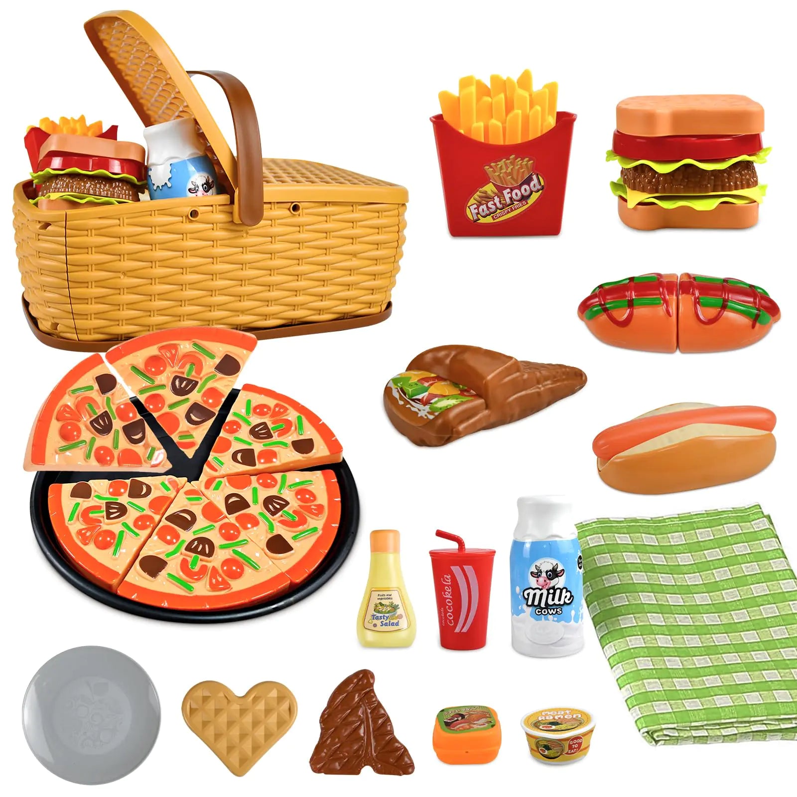 GXUANAN 31pc Kids Picnic Basket Set – Play Kitchen Toys with Pizza, Burgers & Picnic Mat