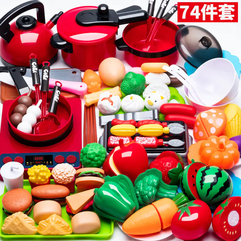 Kids Pretend Play Kitchen Set with Cooking and Cutting Toys