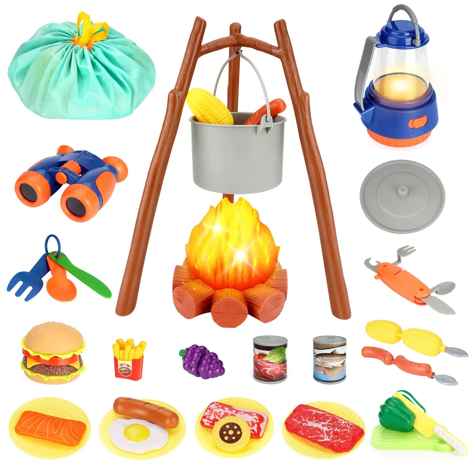 REZUCREY 40pc Kids Camping Adventure Set with Glowing Campfire & Cutting Food
