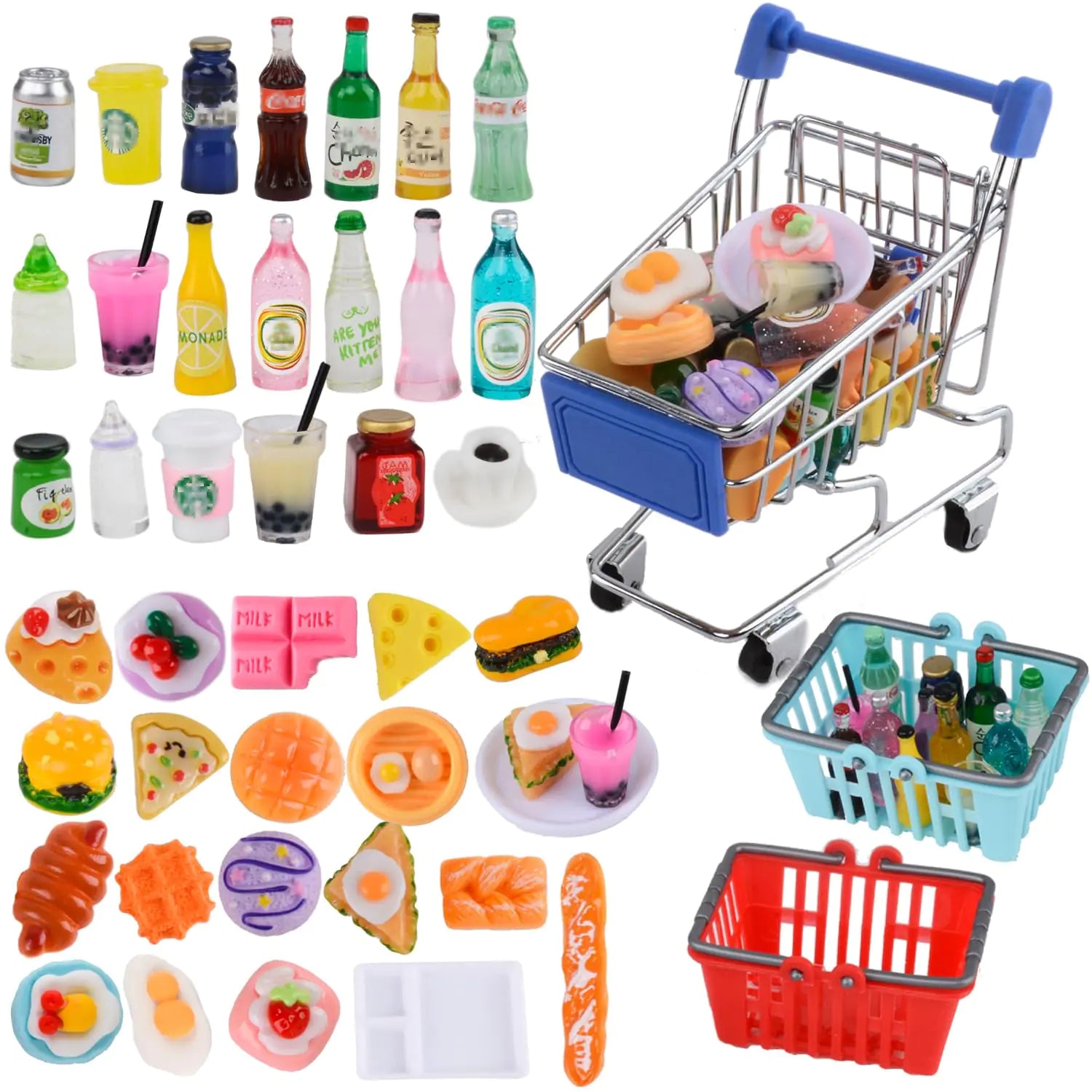 U-Zimikee 45pc Mini Shopping Set – Metal Cart, Baskets & Mixed Grocery Store Toys