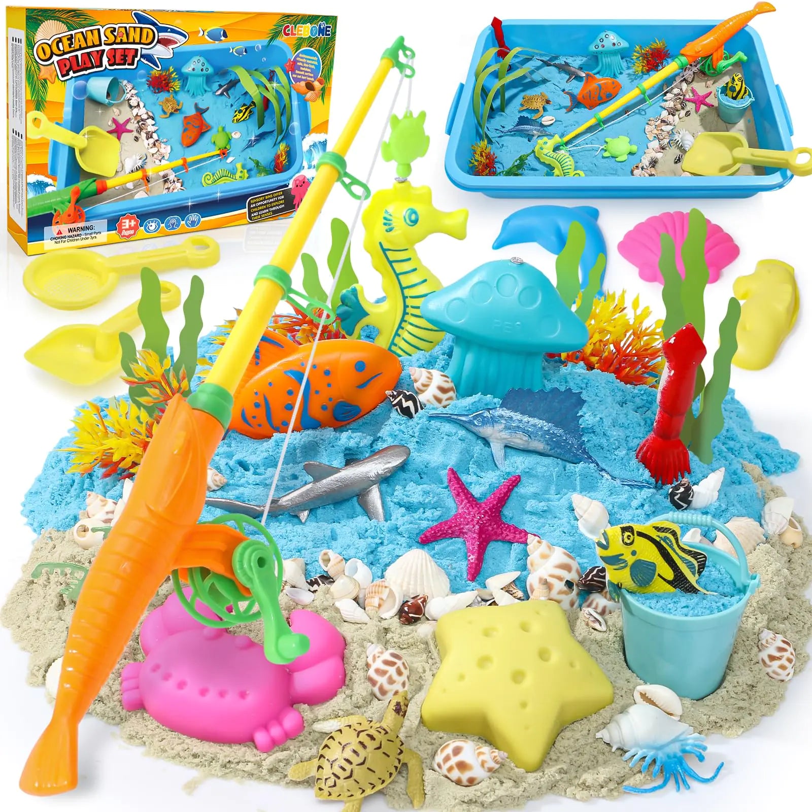 Cleboen Ocean Sensory Bin – 2lbs Mess-Free Magic Sand & 30pc Magnetic Fishing Toy Kit for Kids