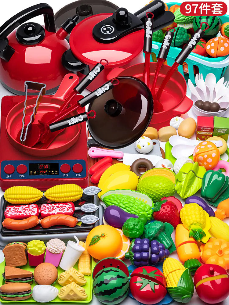 Kids Pretend Play Kitchen Set with Cooking and Cutting Toys