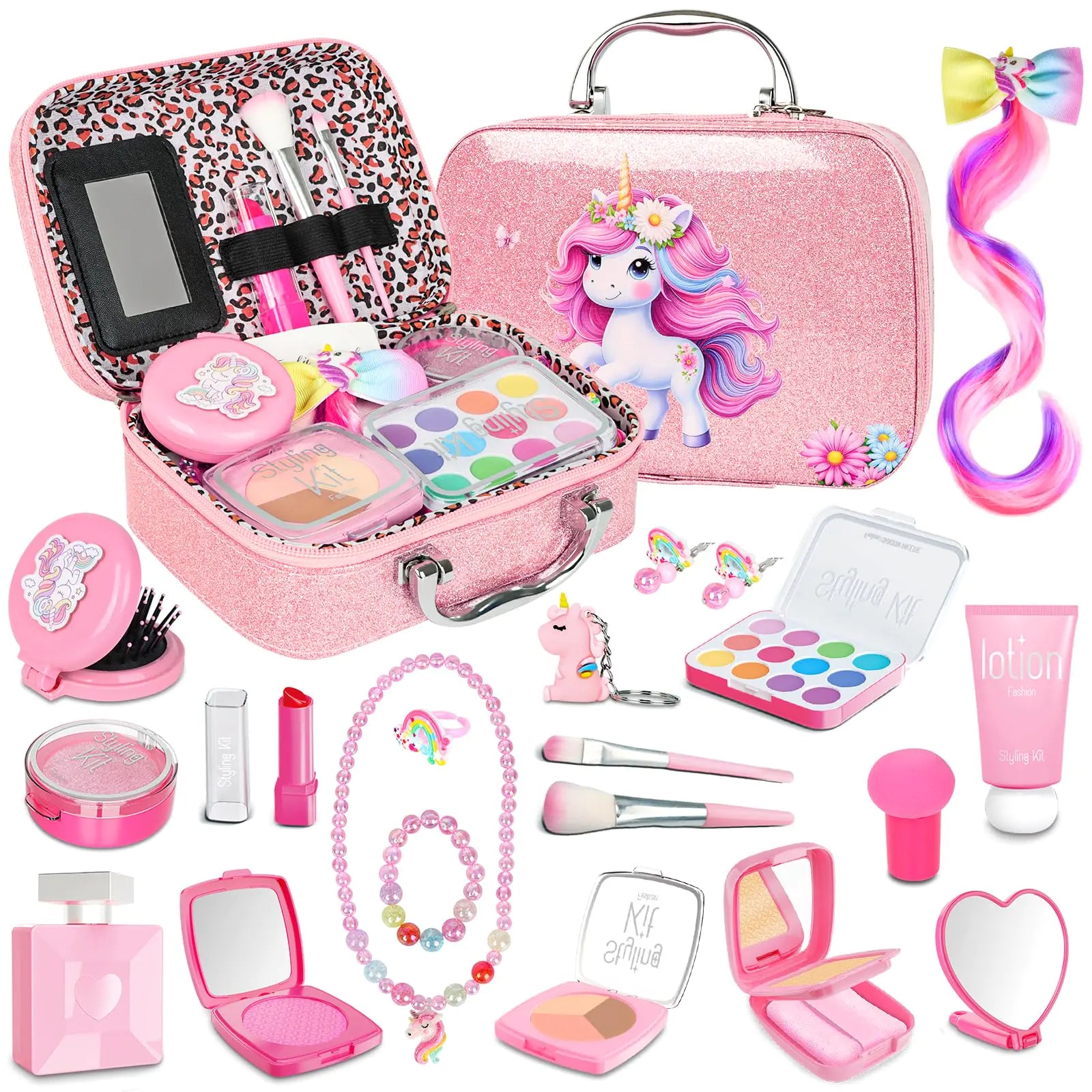 Mess-Free Pretend Makeup Set for Toddlers – 100% Fake Toy Makeup with Purple Cosmetic Case & Jewelry