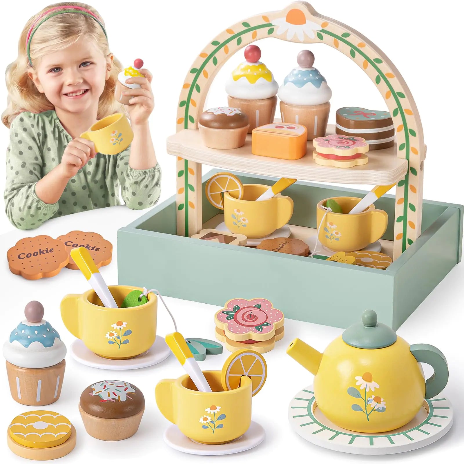 Toyssa 31-Piece Wooden Tea Party Set with Cupcake Stand & Storage Bag