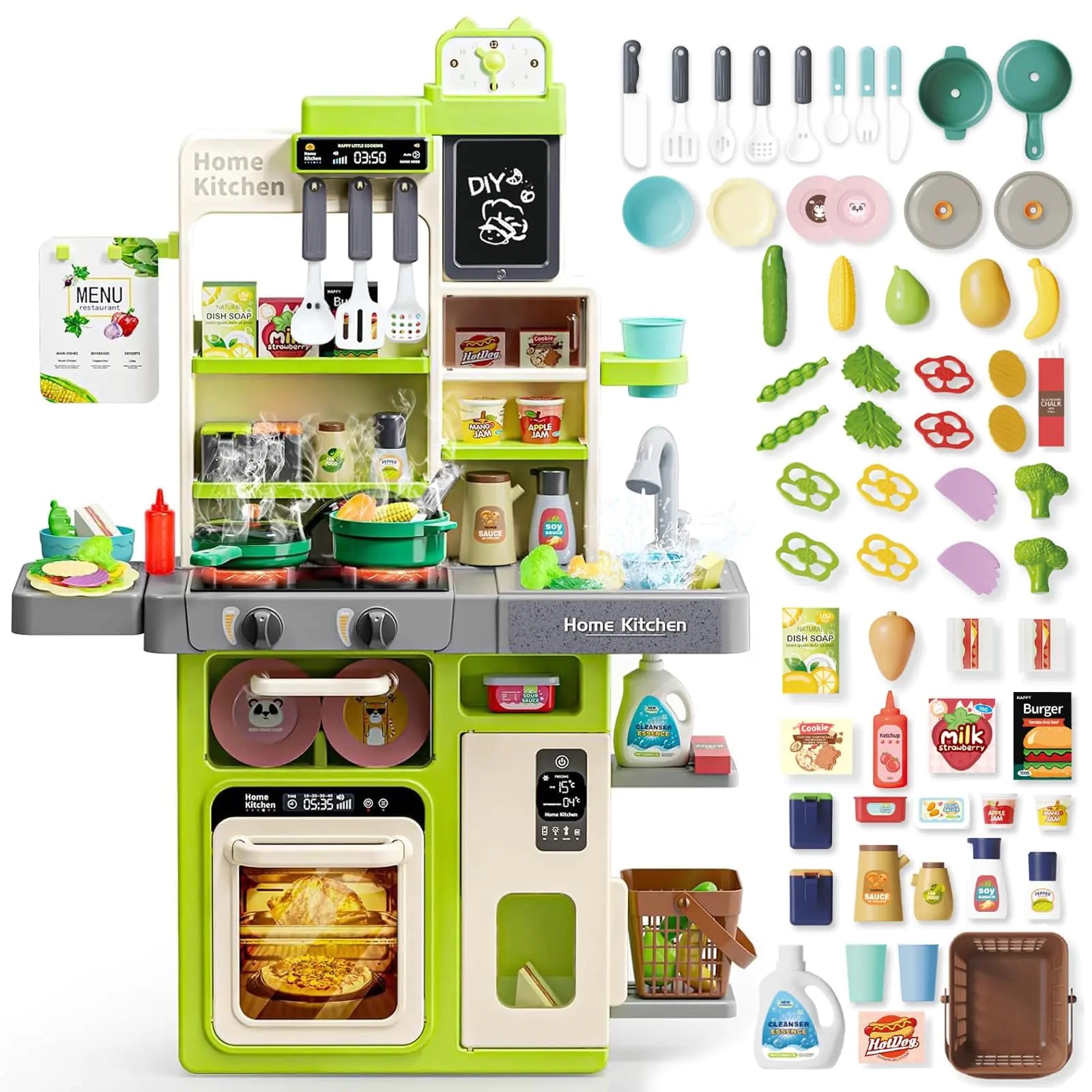 63-Piece Kids Kitchen Playset – Interactive Toddler Chef Toy with Spray Sink