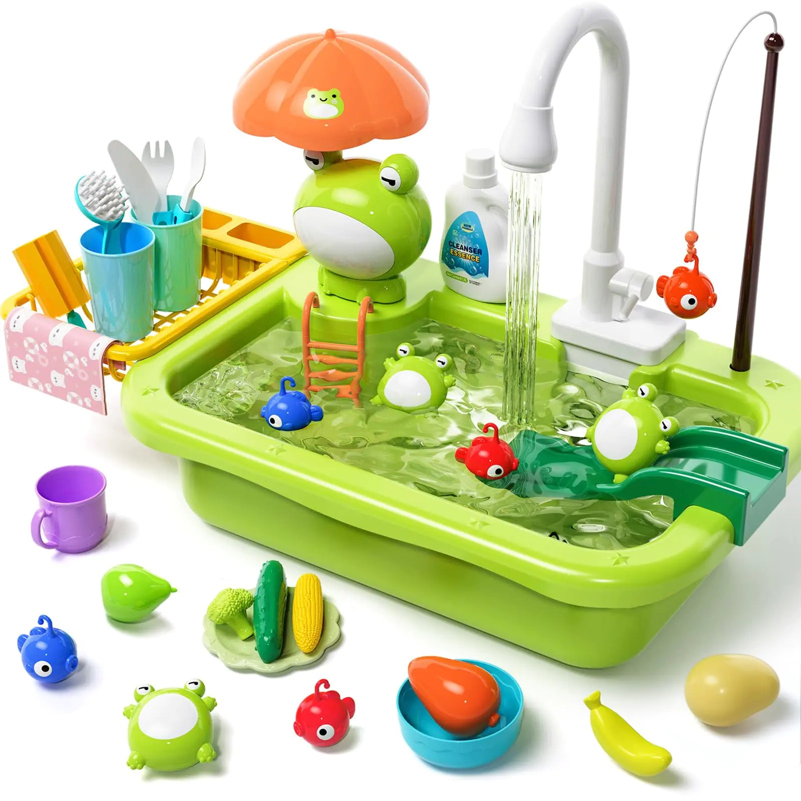 3-in-1 Kids Play Sink with Running Water – Automatic Dishwasher & Fishing Game Set