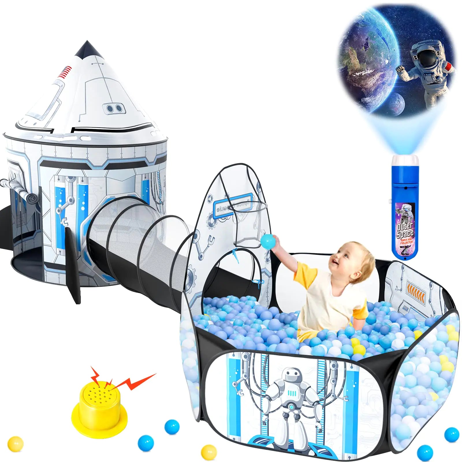 3-in-1 Kids Ball Pit & Tunnel with Roar Button & Projection Flashlight – Interactive Sensory Playhouse
