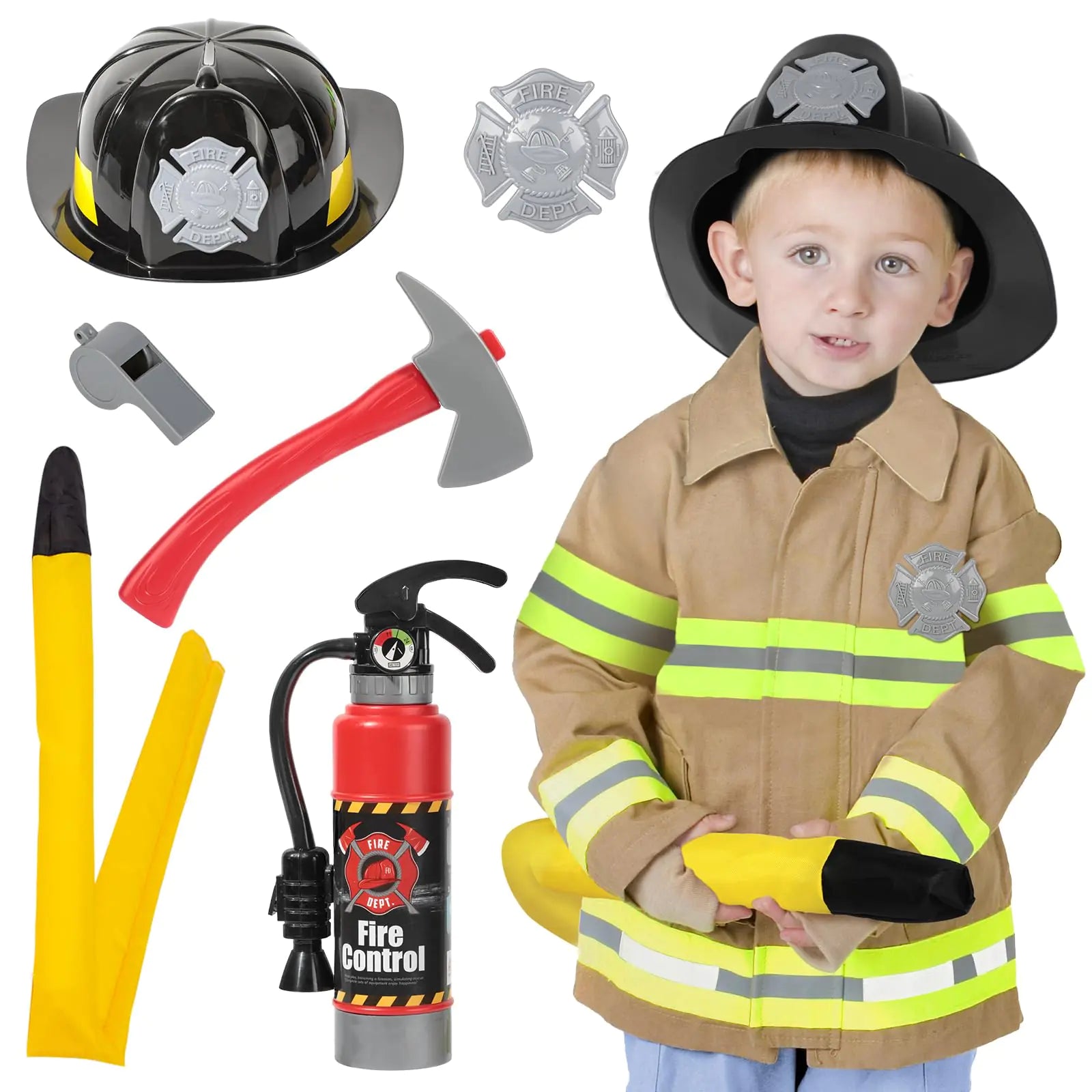 Popsunny 8pc Firefighter Costume for Kids – Toddler Fireman Dress Up with Water-Squirting Extinguisher