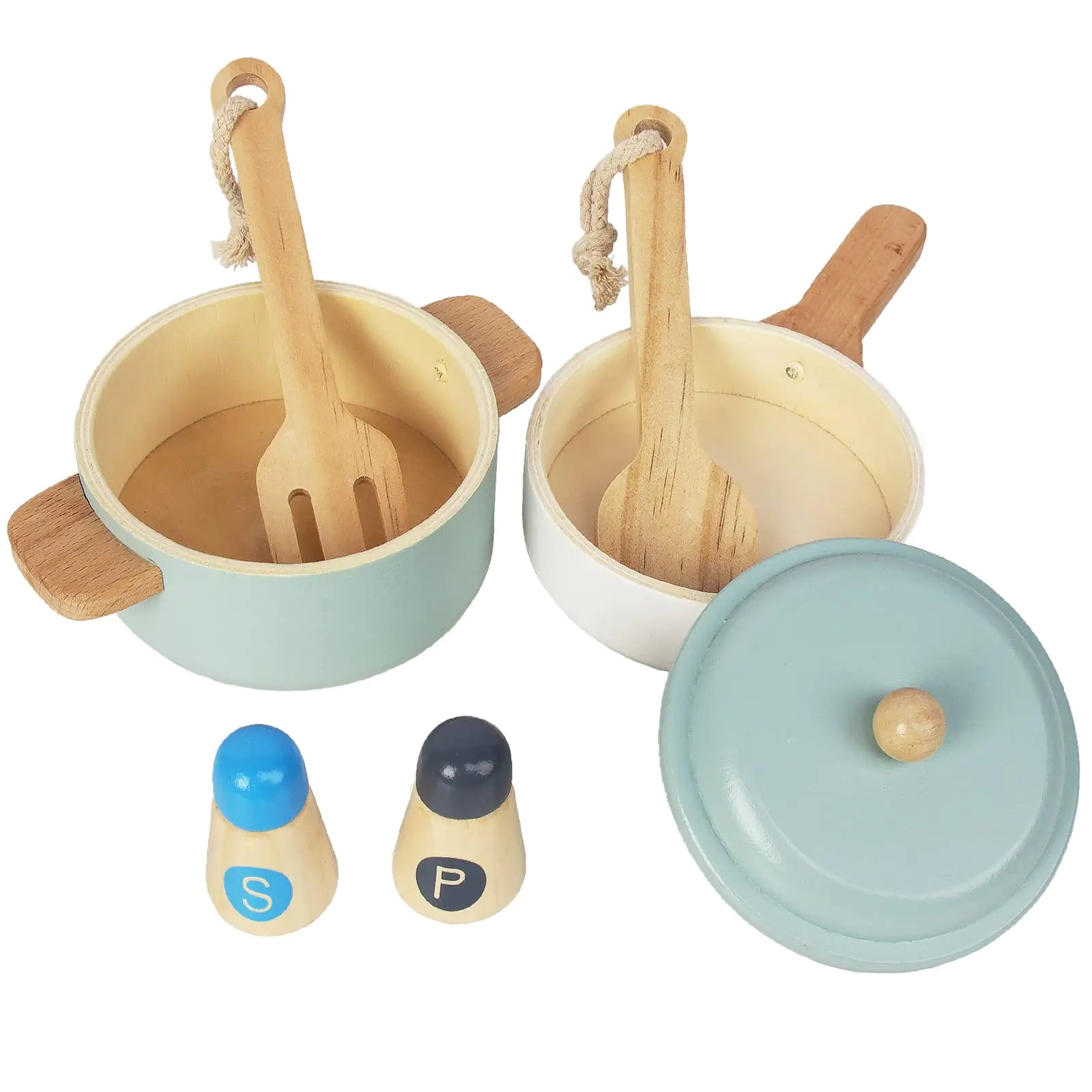 WoodenEdu 11pc Premium Montessori Kitchen Accessories – Sustainable Wood Pots, Pans & Utensils for Toddler Pretend Play