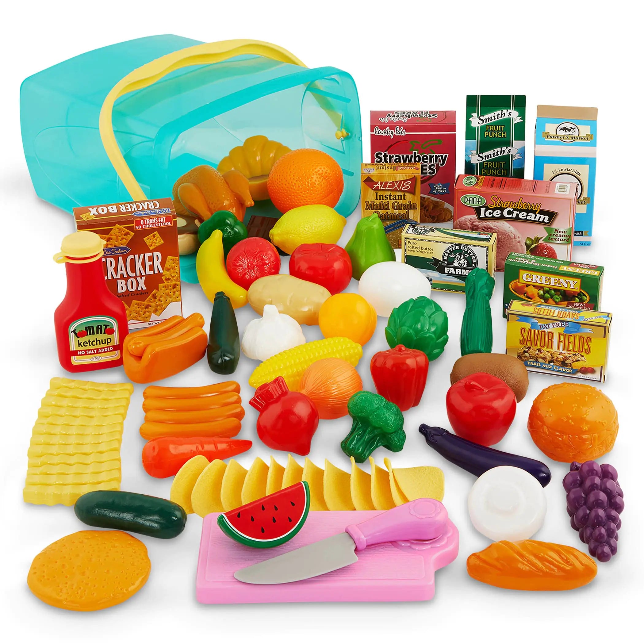 Battat Play Circle 79pc Pantry in a Bucket – Huge Play Food Set with Cutting Fruit, Veggies & Storage Container