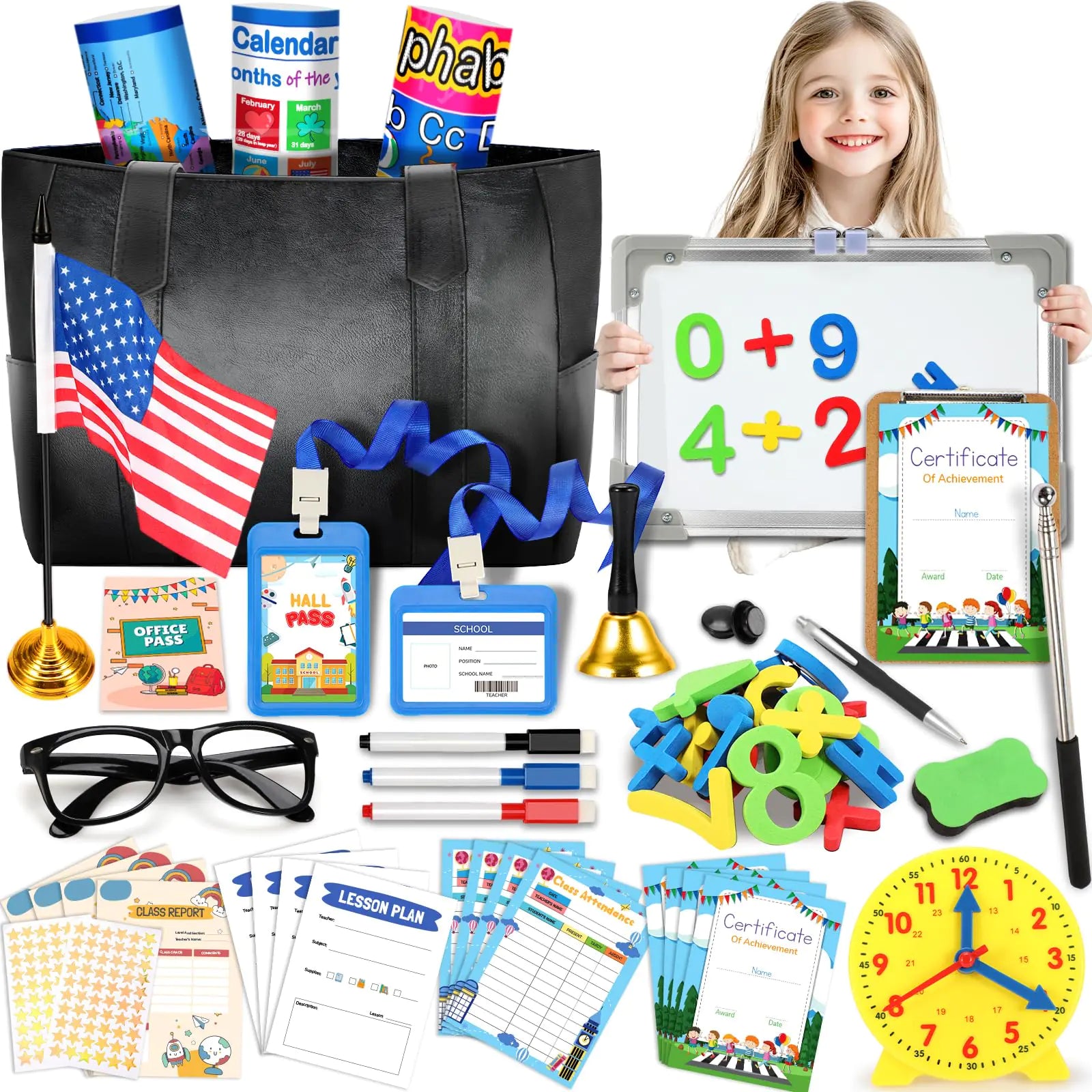 Loscola 40pc Kids Teacher Role Play Set – Classroom Supplies with Bag & Whiteboard