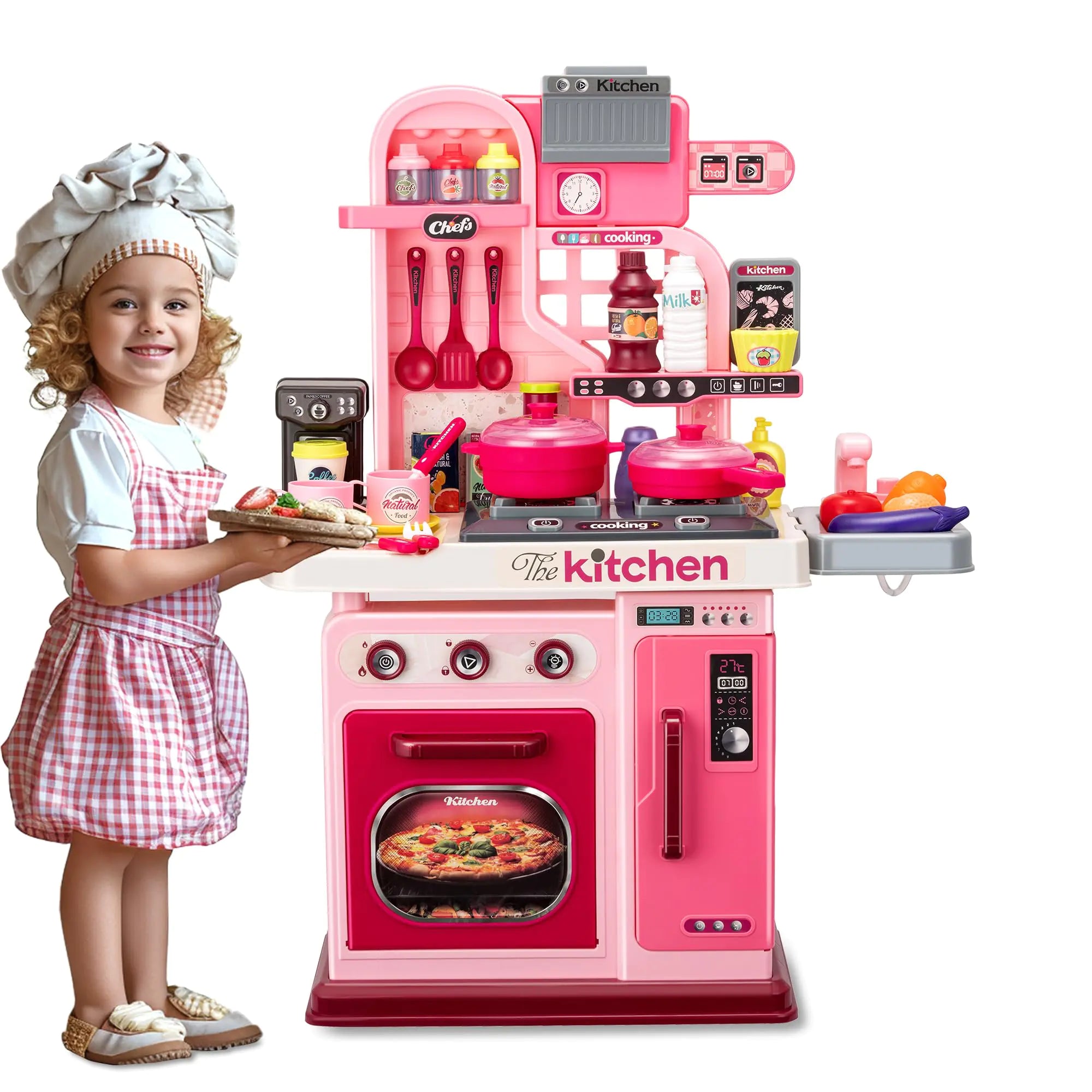 53pc Interactive Pink Kids Kitchen – Steam Stove & Working Water Sink