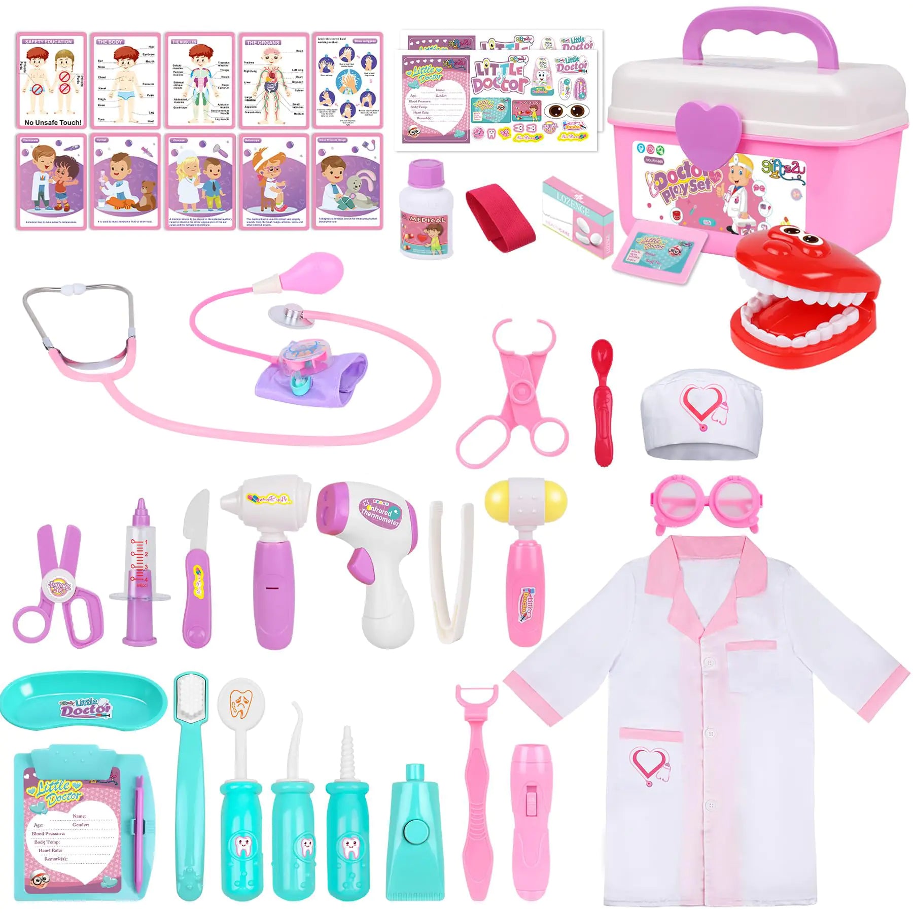 Gifts2U 42pc Kids Doctor Kit – Pink Dentist & Medical Playset for Toddlers with Electronic Stethoscope & Case