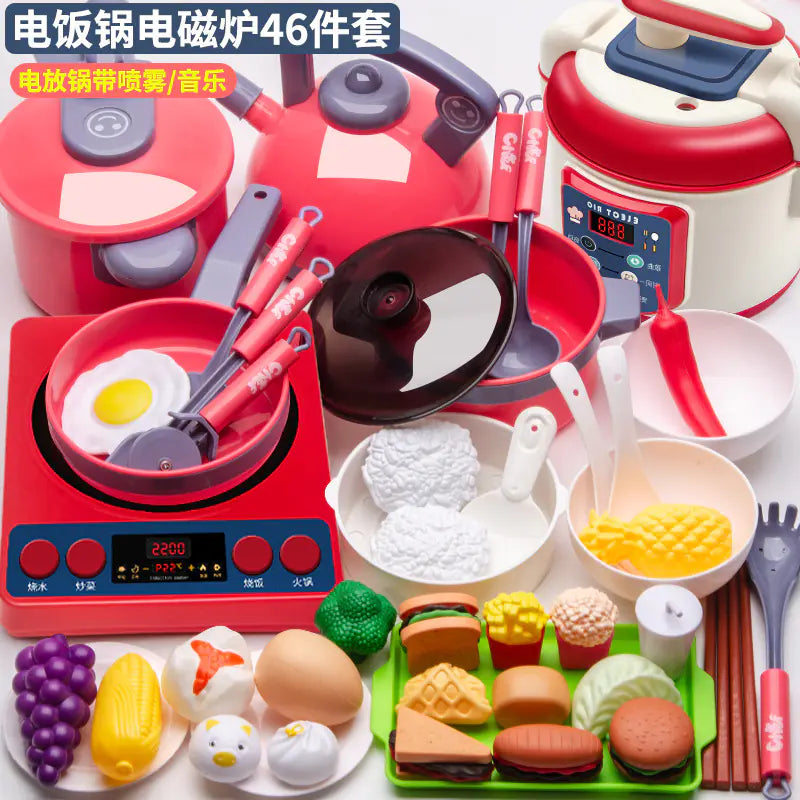 Kids Pretend Play Kitchen Set with Cooking and Cutting Toys