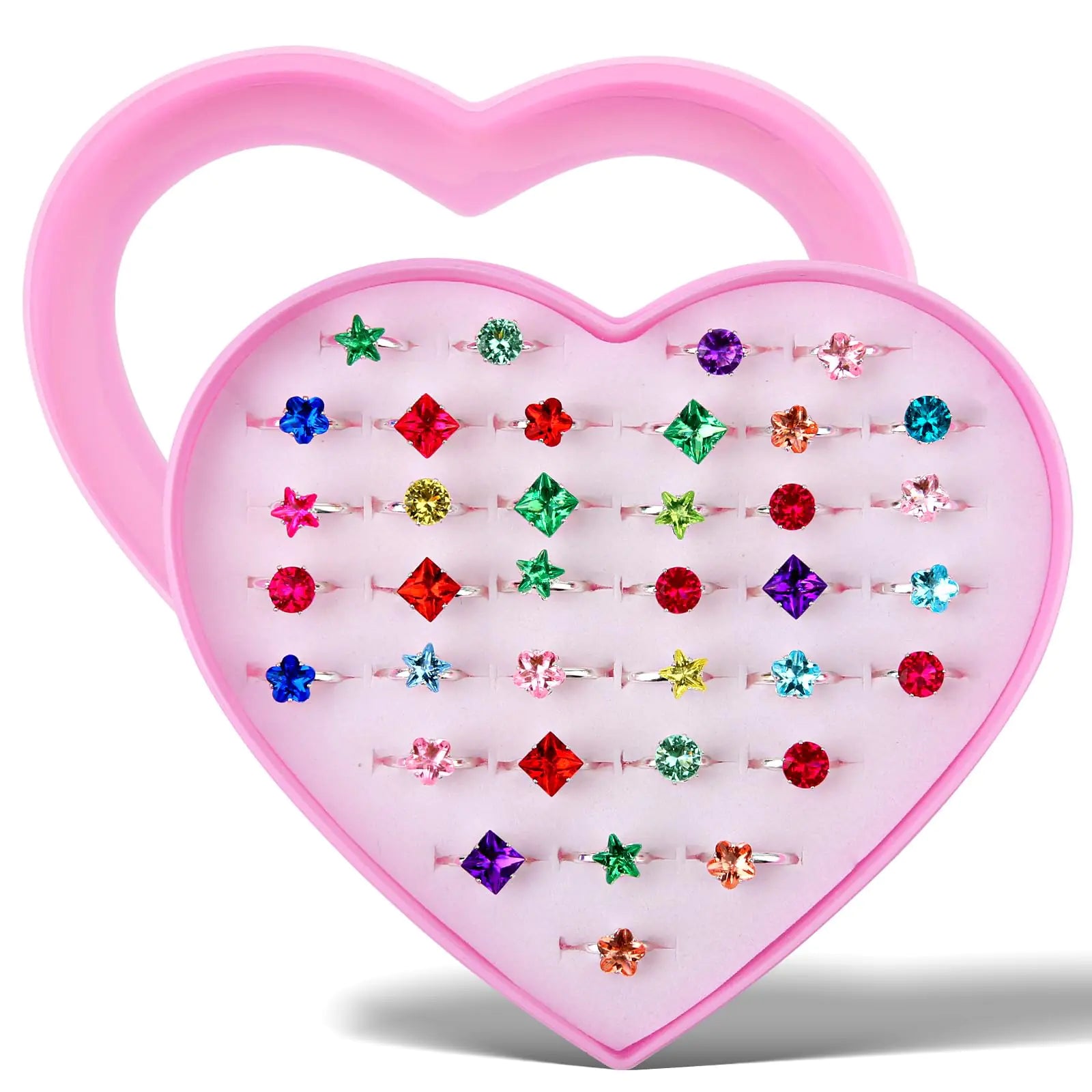 36-Piece Adjustable Princess Ring Collection with Heart Display Case