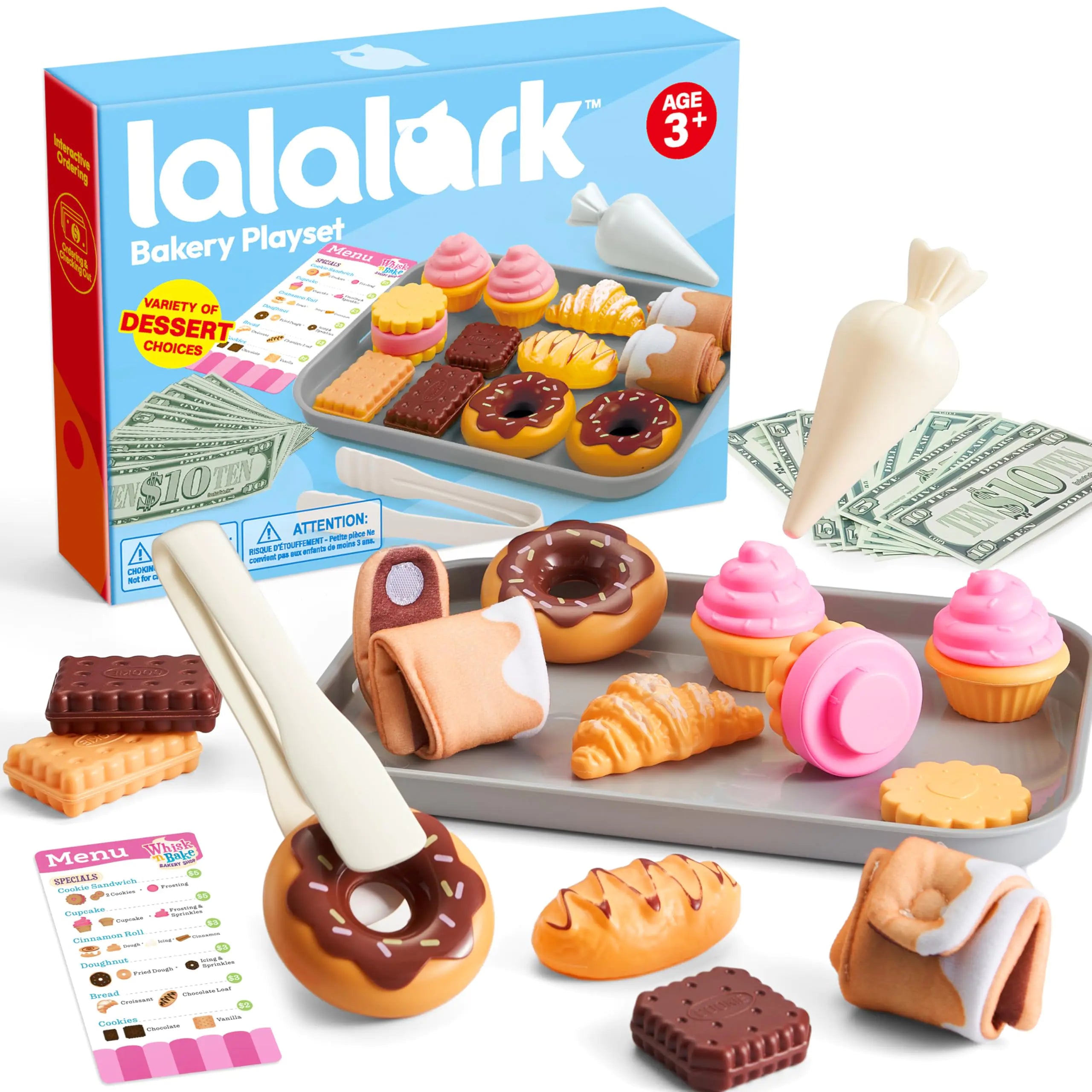 Cookie Play Food Set Toddler Pretend Play Toys 17 PCS Kitchen Toy Food Sets with Plastic Cookies Baking Menu Bakery Tray