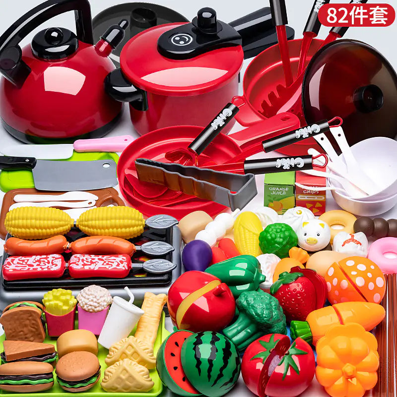 Kids Pretend Play Kitchen Set with Cooking and Cutting Toys
