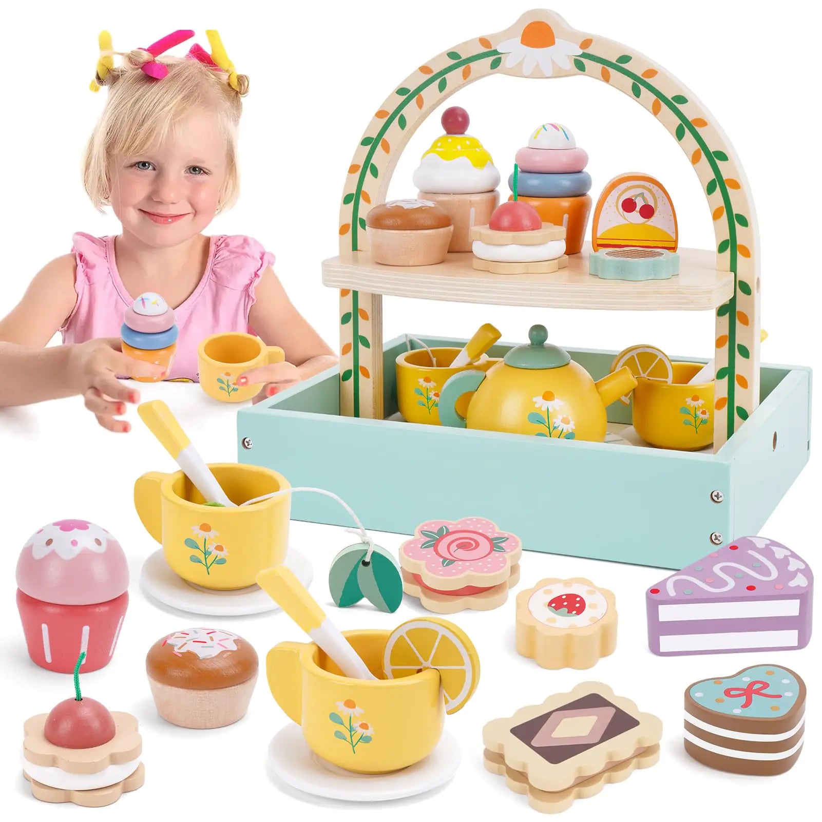 Wooden Princess Tea Party Set with Cupcake Stand & Play Kitchen Accessories