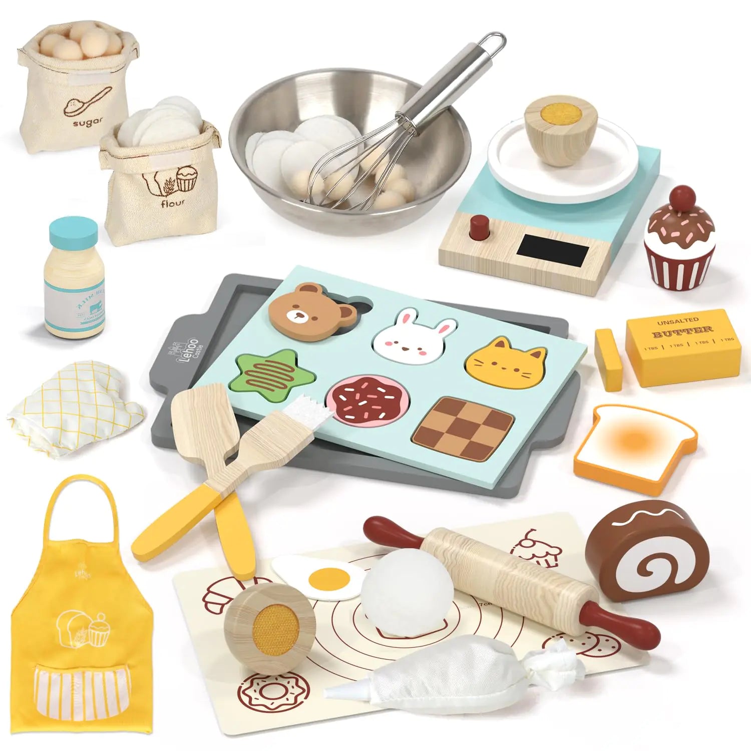 Lehoo Castle 23pc Wooden Kids Baking Set – Toy Cupcake & Cookie Maker with Apron