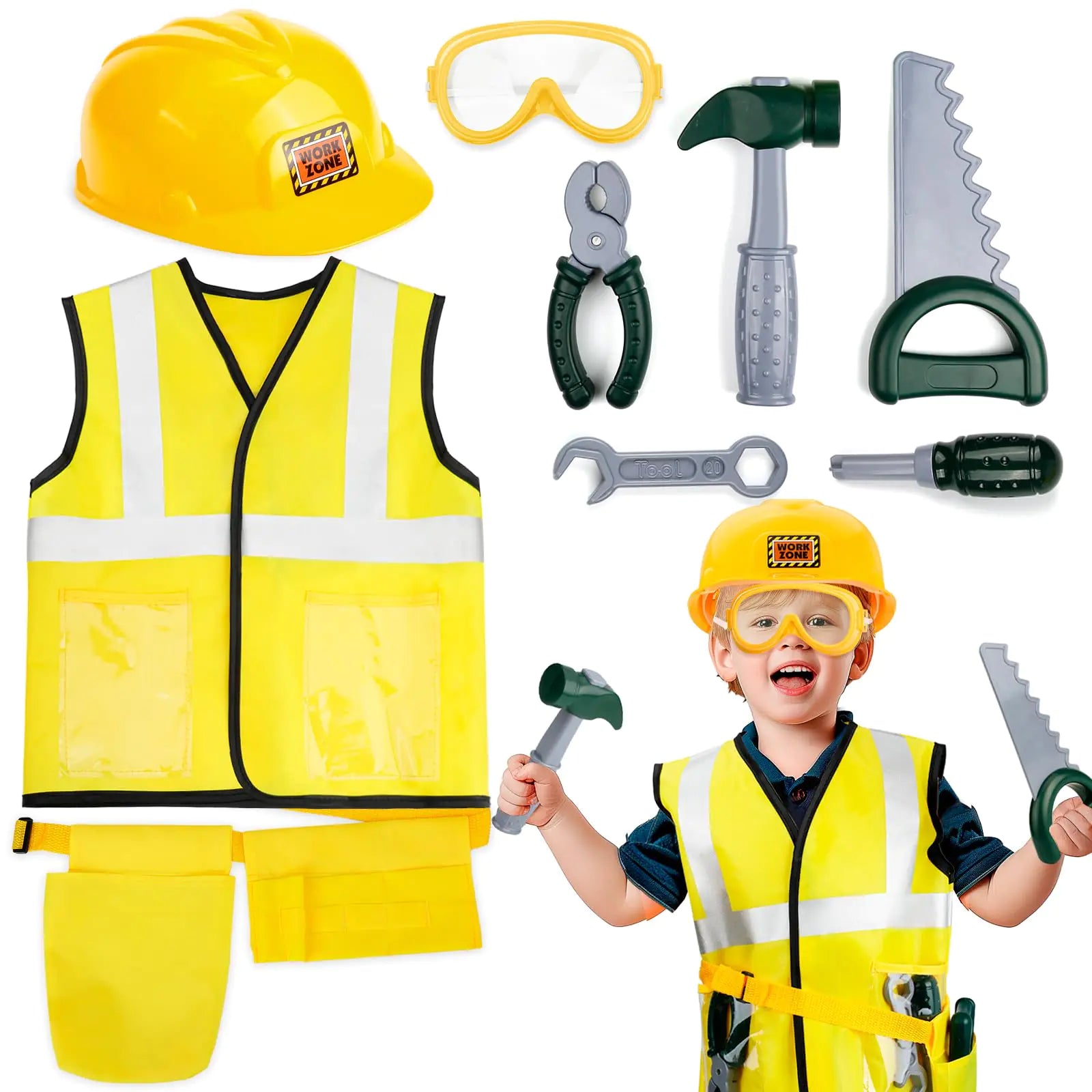 Popsunny 18pc Kids Construction Costume – Tool Set with Vest, Hard Hat & Belt