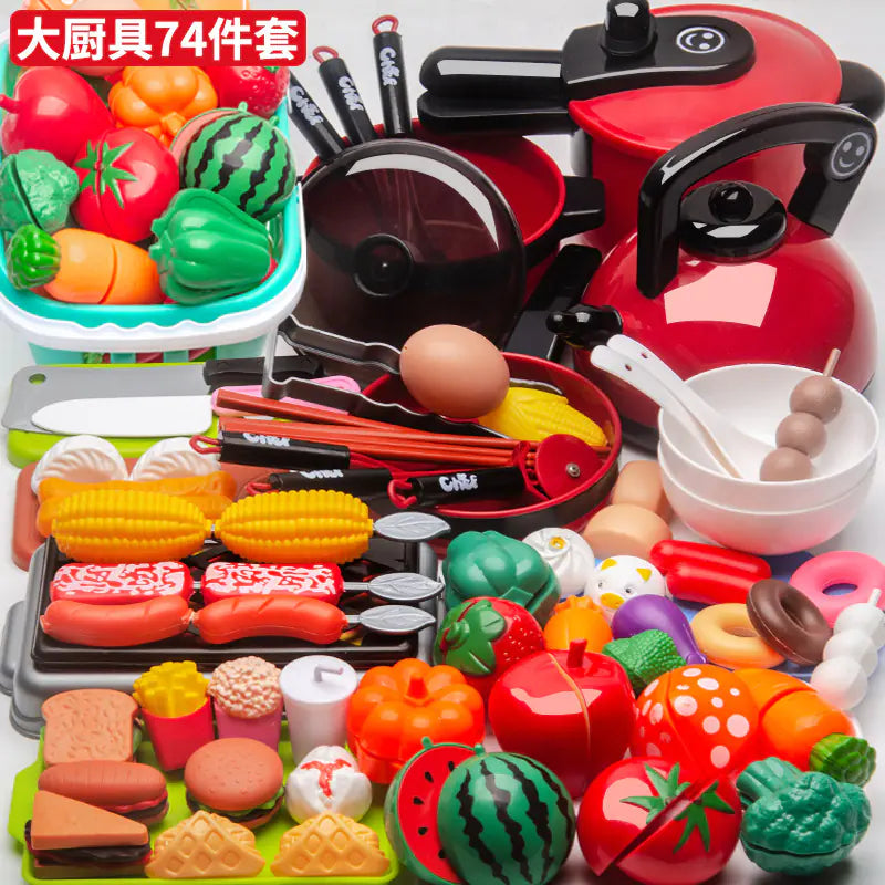 Kids Pretend Play Kitchen Set with Cooking and Cutting Toys
