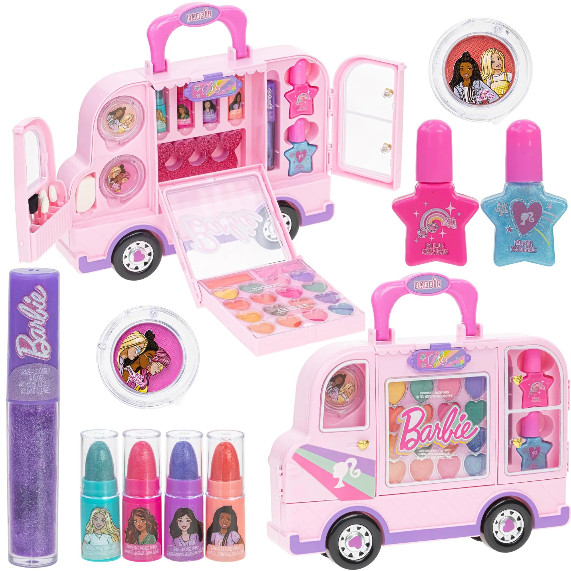 Barbie 2-in-1 Car Makeup Kit for Girls – Washable Vanity Set with Real Cosmetics for Pretend Play & Parties