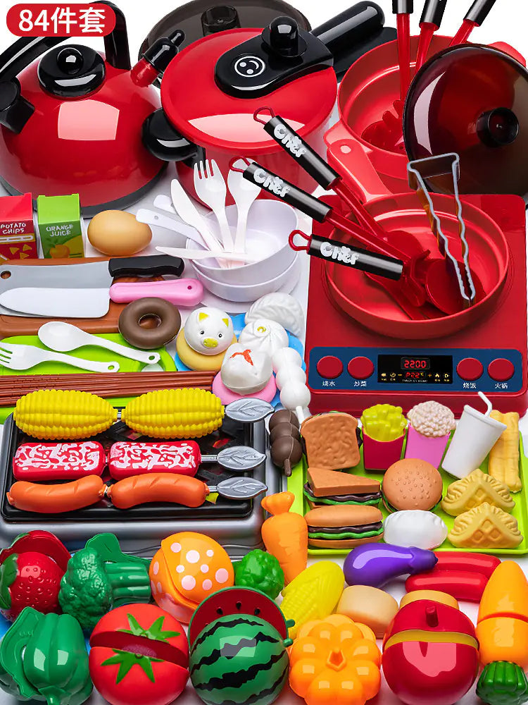 Kids Pretend Play Kitchen Set with Cooking and Cutting Toys