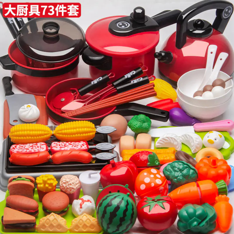 Kids Pretend Play Kitchen Set with Cooking and Cutting Toys