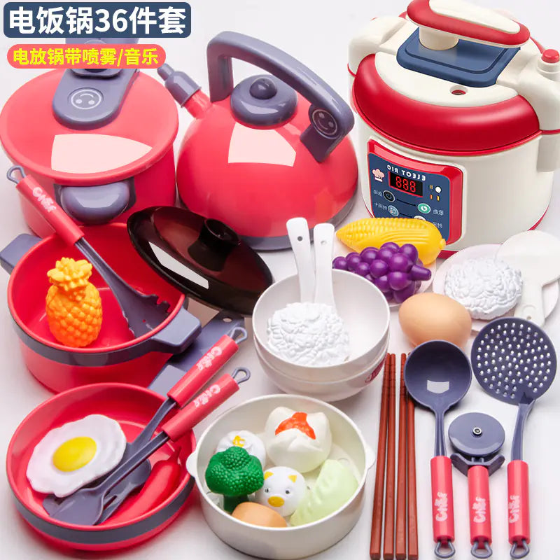 Kids Pretend Play Kitchen Set with Cooking and Cutting Toys